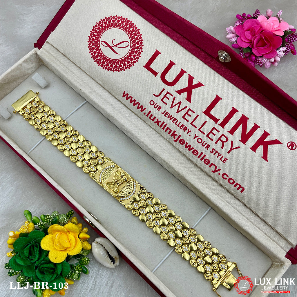 Indian Mudra in Royal Rectangle With Rhodium Plated Golden Diamond Bracelet For Man - BR - 103