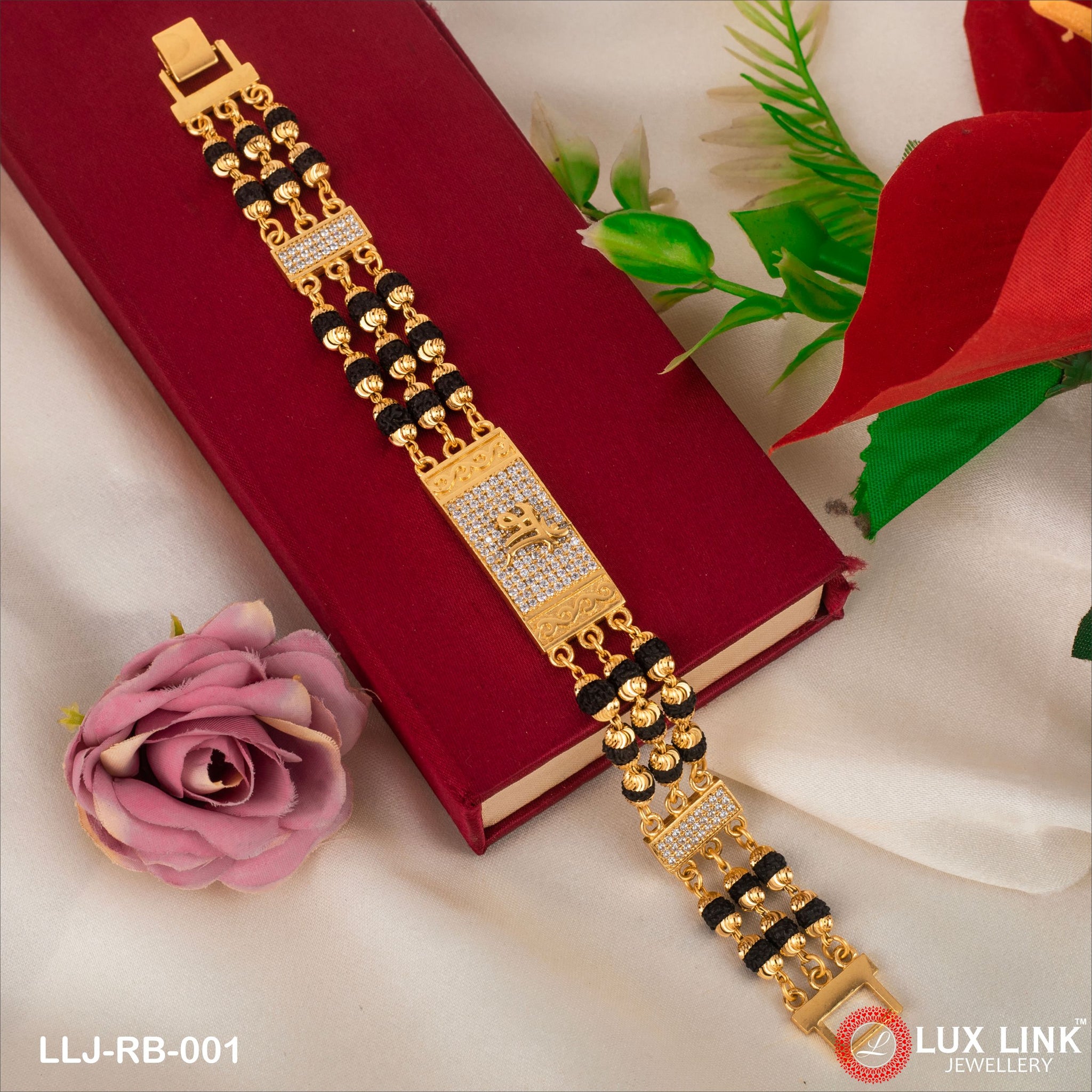 Maa Finely Detailed Design Gold Plated Rudraksha Bracelet For Men - RB - 001