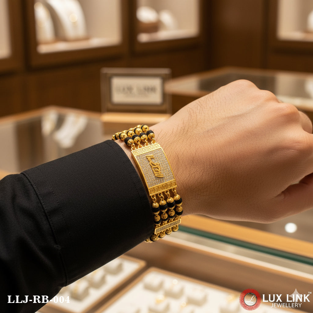 Ram With Diamond Prominent Gold Plated Rudraksha Bracelet For Men - RB - 004