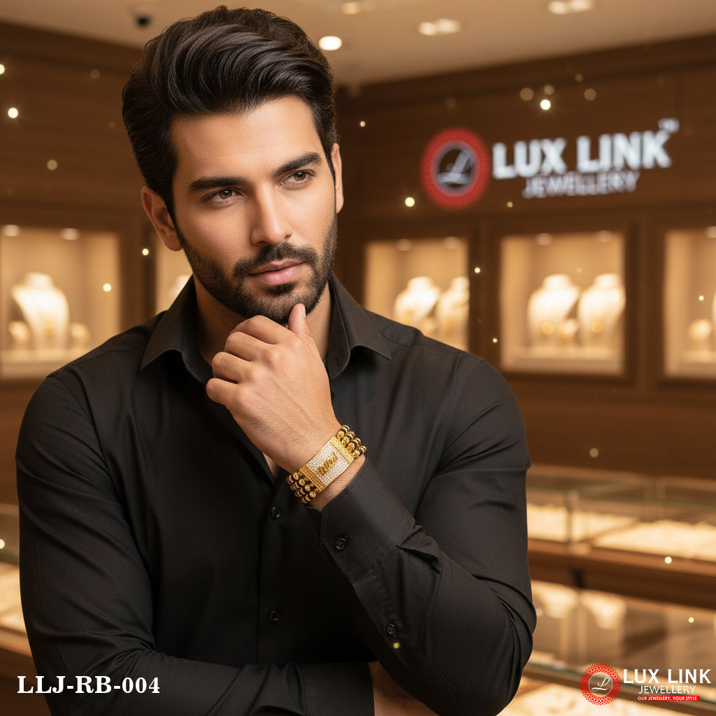 Ram With Diamond Prominent Gold Plated Rudraksha Bracelet For Men - RB - 004