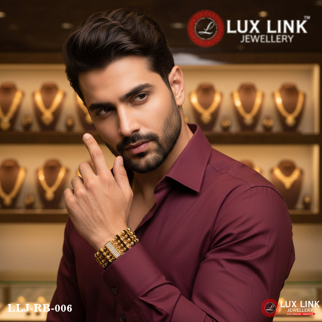 4 Line With Diamond Hand-crafted Gold Plated Rudraksha Bracelet For Men - RB - 006