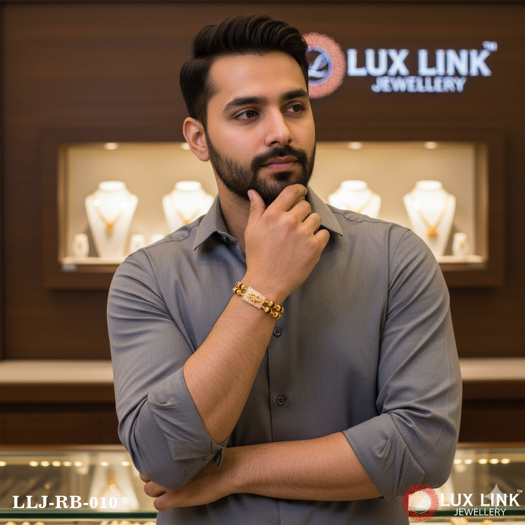 Trishul Finely Detailed Design Gold Plated Rudraksha Bracelet For Men - RB - 010