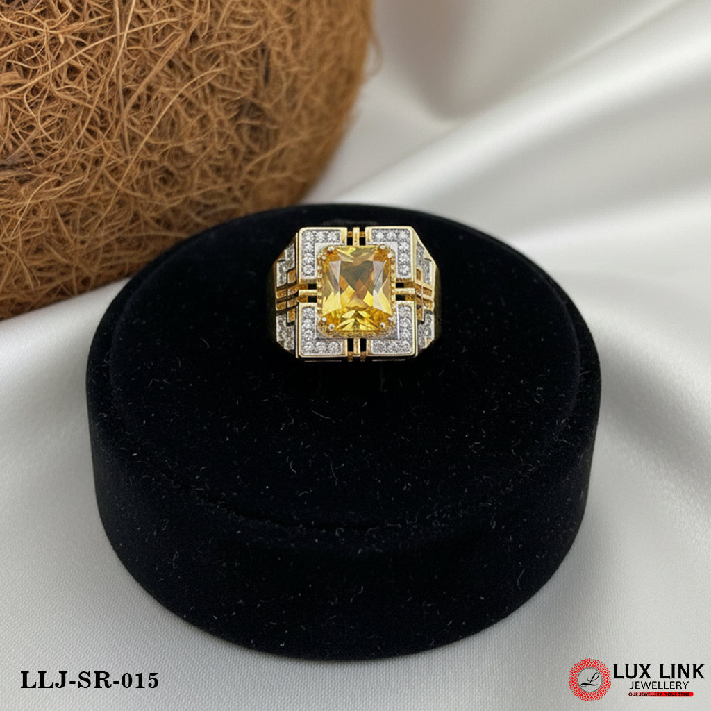 Yellow Stone with Rhodium Finely Detailed Design Gold Plated Ring for Men - SR - 015