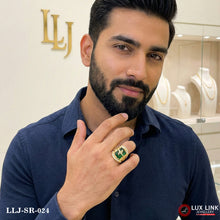 Gold Plated Krishna On Green Stone Awesome Design Ring for Men SR-024