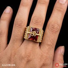 Red Stone With Om Diamond Fashionable Design Gold Plated Ring For Men- SR-026